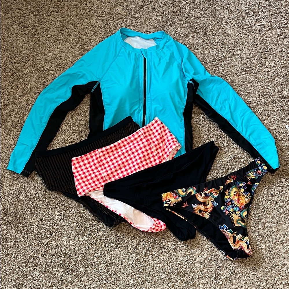 Vacation-Ready Swim Set (rashguard, and 4 bikini bottoms)